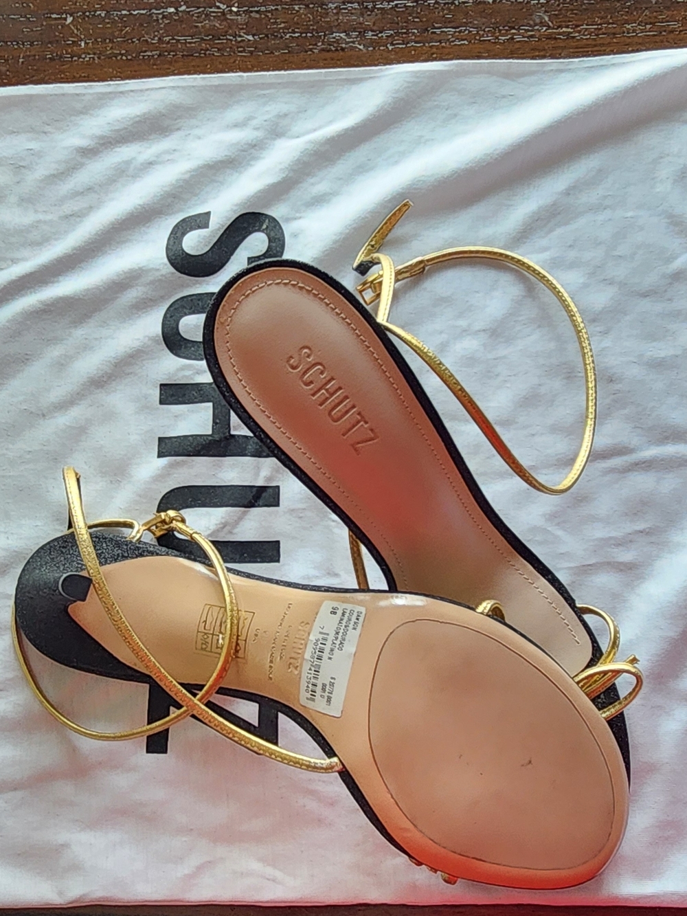Schutz Black Heeled Sandals with Gold Bow and Ankle Tie - Picture 8 of 10